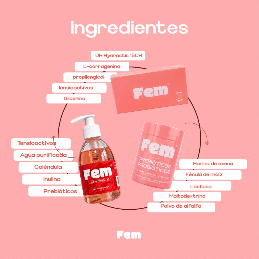 Alimento con probióticos + Jabón íntimo + Óvulos Fem homeopáticos